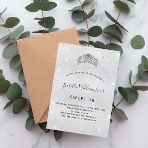 Sweet 16 silver glitter tiara crown sparkle invitation