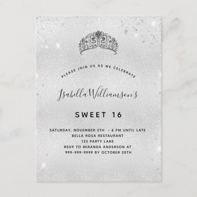 Sweet 16 silver glitter tiara invitation postcard (Front)