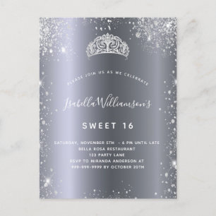 Sweet 16 silver glitter tiara invitation postcard