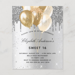Sweet 16 silver gold balloons budget invitation flyer