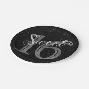 Sweet 16   Silver Grey Faux Glitter 16th Birthday Paper Plate