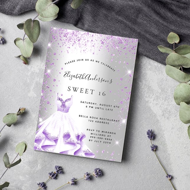 Sweet 16 silver lavender dress glitter luxury invitation (Creator Uploaded)
