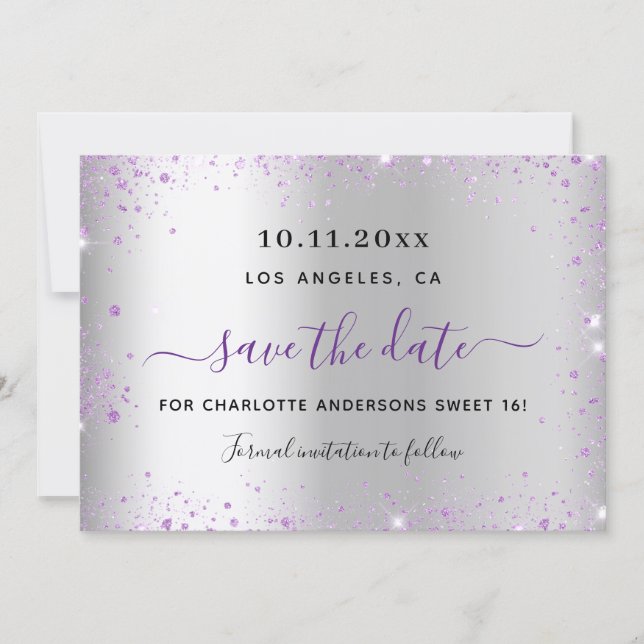 Sweet 16 silver lavender save the date card (Front)