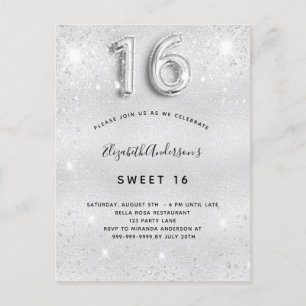 Sweet 16 silver metal glitter dust glam invitation postcard