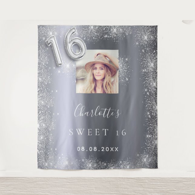 Sweet 16 silver photo glitter dust welcome tapestry (Front)