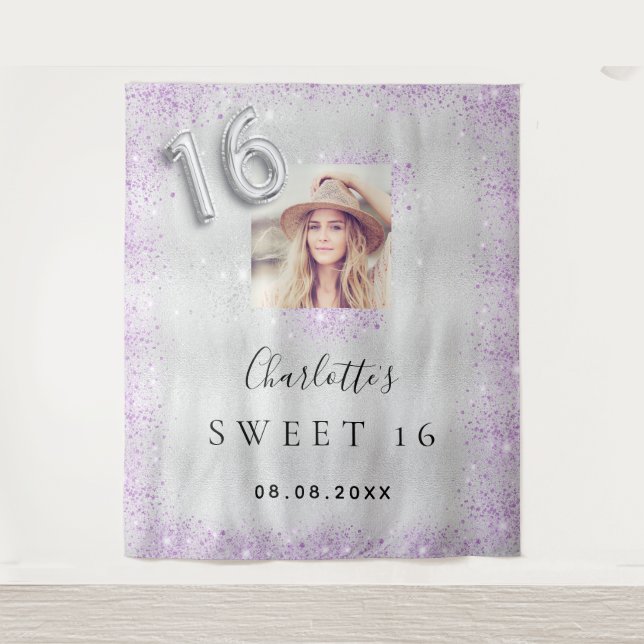Sweet 16 silver photo lavender glitter welcome  tapestry (Front)