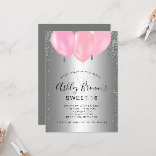 Sweet 16 Silver Pink Glitter Balloons Invitation