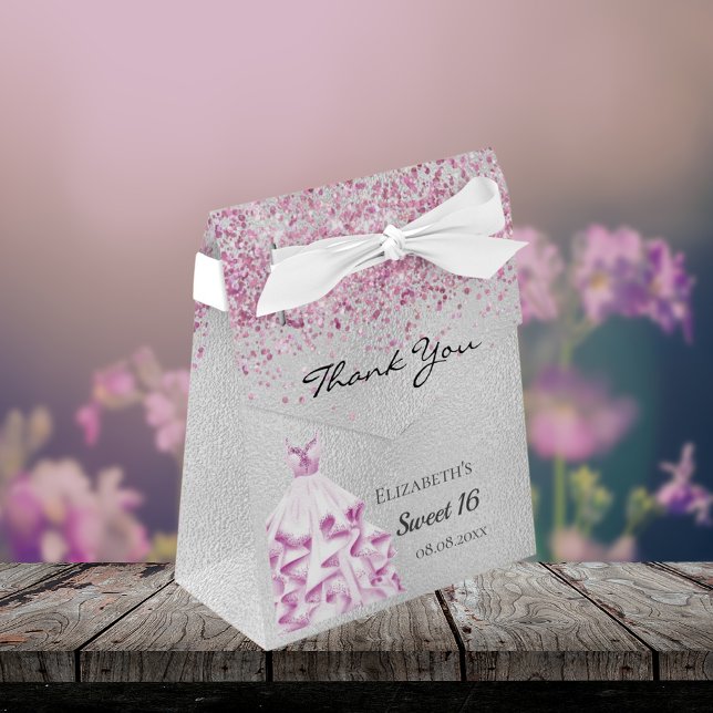 Sweet 16 silver pink glitter dress thank you favour box (Creator Uploaded)