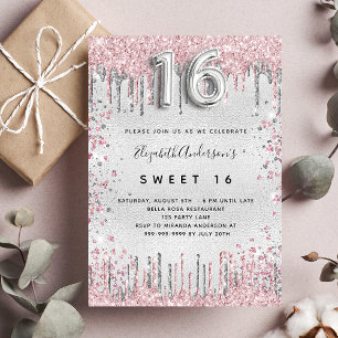 Sweet 16 silver pink glitter drips glamourous invitation
