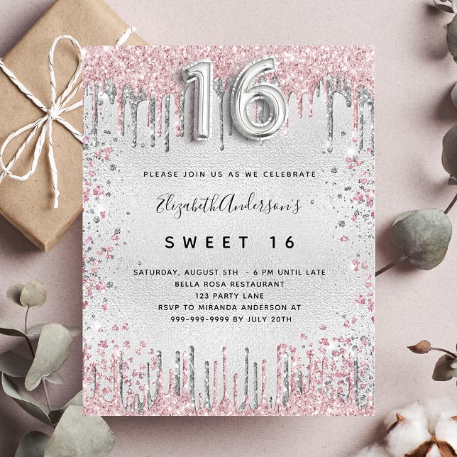 Sweet 16 silver pink glitter drips invitation postcard (Creator Uploaded)