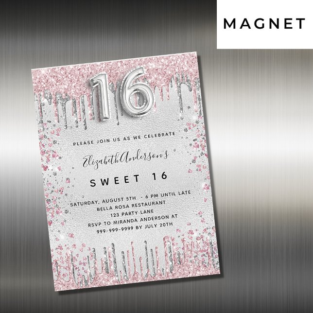 Sweet 16 silver pink glitter drips luxury magnetic invitation (Creator Uploaded)
