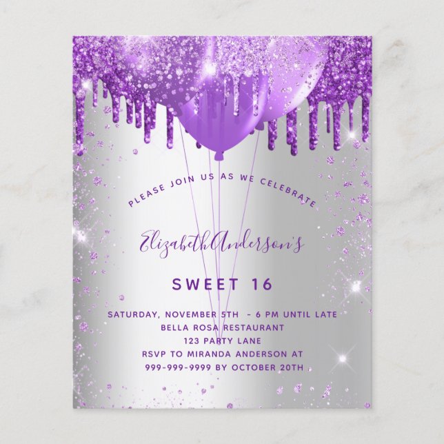 Sweet 16 silver purple budget invitation flyer (Front)