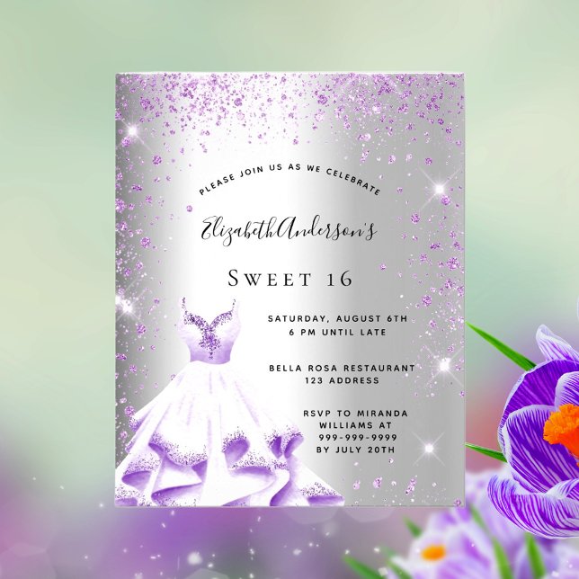 Sweet 16 silver purple dress budget invitation flyer (Creator Uploaded)