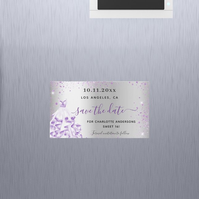 Sweet 16 silver purple dress save the date magnet (Creator Uploaded)