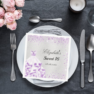 Sweet 16 silver purple glitter dress name napkin