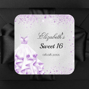 Sweet 16 silver purple glitter dust dress name square sticker
