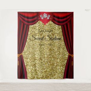 Sweet 16 Silver Rose Red Curtain Gold Glitter Tapestry