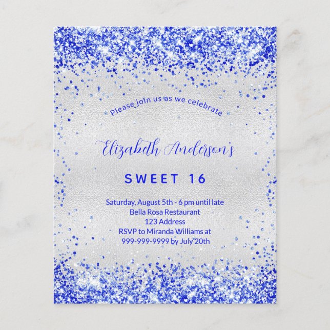Sweet 16 silver royal blue budget invitation flyer (Front)