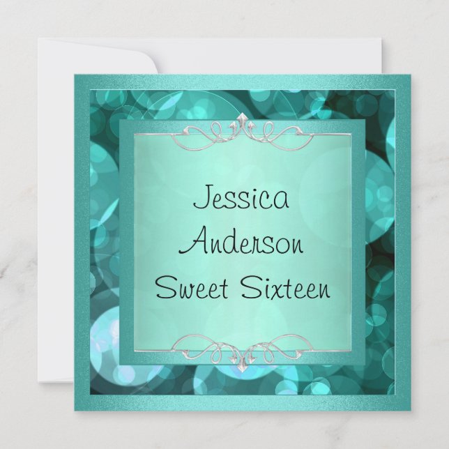 Sweet 16 Silver Teal Bubbles Metal Frame Party Invitation (Front)
