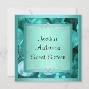 Sweet 16 Silver Teal Bubbles Metal Frame Party Invitation
