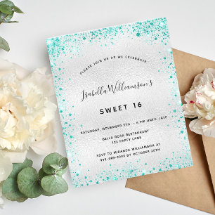 Sweet 16 silver teal glitter budget invitation flyer