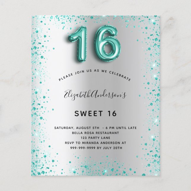 Sweet 16 silver teal glitter budget invitation flyer (Front)