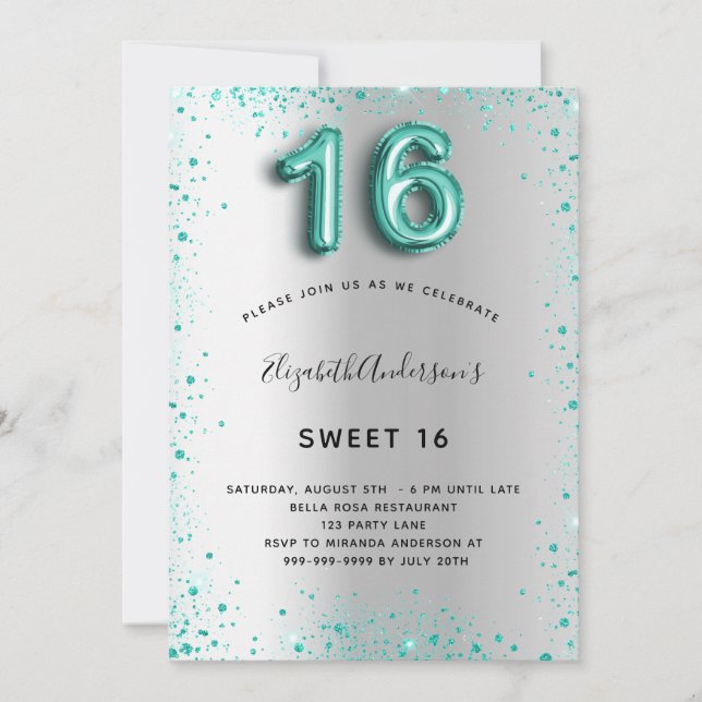 Sweet 16 silver teal glitter elegant glamourous invitation (Front)