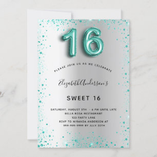 Sweet 16 silver teal glitter elegant glamourous invitation
