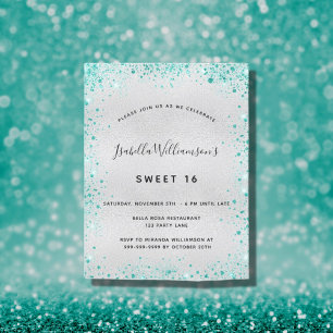 Sweet 16 silver teal glitter glamourous invitation postcard