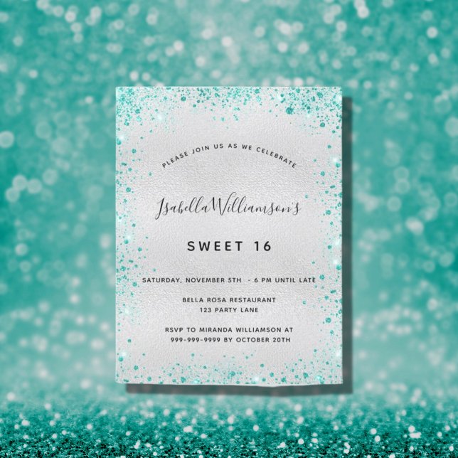 Sweet 16 silver teal glitter glamourous invitation postcard (Creator Uploaded)