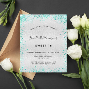 Sweet 16 silver teal glitter invitation