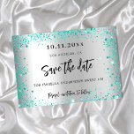 Sweet 16 silver teal green glitter save the date announcement postcard<br><div class="desc">A girly and trendy Save the Date for a Sweet 16,  16th birthday party. A faux silver looking background decorated with teal,  green faux glitter dust. Personalise and add a date and name/age. The text: Save the Date is written with a large trendy hand lettered style script.</div>