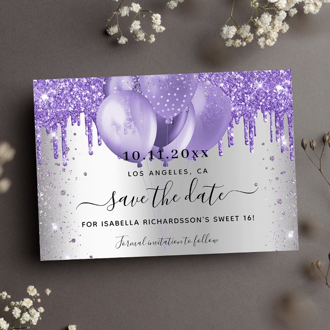 Sweet 16 silver violet balloons sparkles save the date (Creator Uploaded)