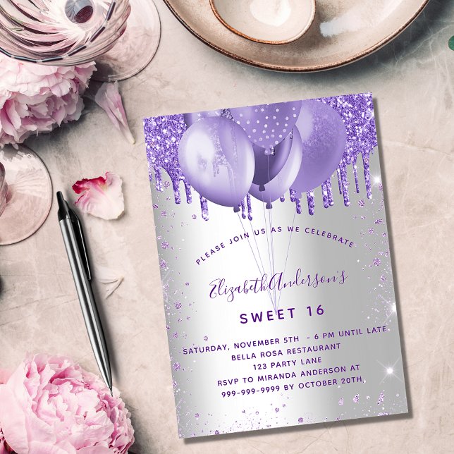Sweet 16 silver violet glitter balloons invitation (Creator Uploaded)