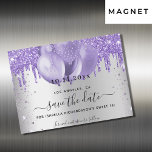 Sweet 16 silver violet save the date magnet card<br><div class="desc">A faux silver looking background decorated with violet,  lavender coloured faux glitter and balloons.  Personalise and add a date and name/age. The text: Save the Date is written with a large trendy hand lettered style script.</div>