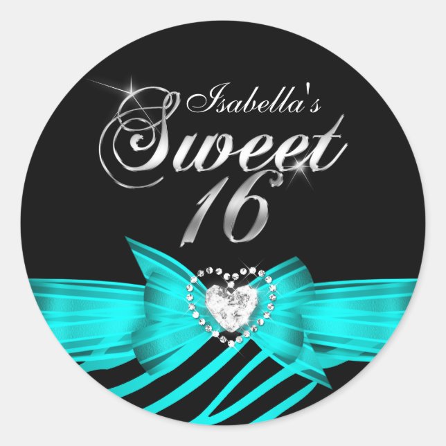 Sweet 16 Sixteen Aqua Black Zebra Custom Sticker (Front)