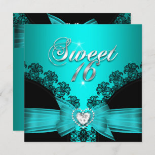 Sweet 16 Sixteen Aqua Blue Black Lace Invitation