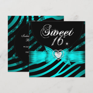 Sweet 16 Sixteen Aqua Blue Black Zebra Invitation