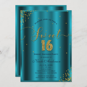 SWEET 16 Sixteen Aqua Blue & Gold Confetti Corners Invitation