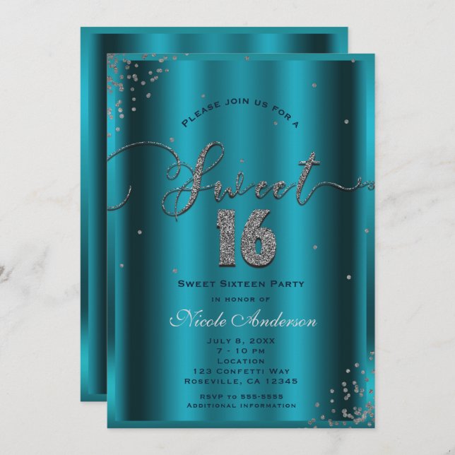 SWEET 16 Sixteen Aqua Blue Silver Confetti Corners Invitation (Front/Back)
