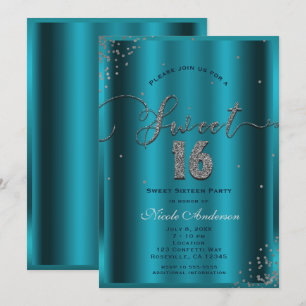 SWEET 16 Sixteen Aqua Blue Silver Confetti Corners Invitation