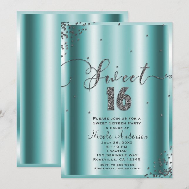 SWEET 16 Sixteen Aqua & Silver Confetti Corners Invitation (Front/Back)