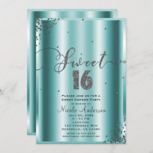 SWEET 16 Sixteen Aqua & Silver Confetti Corners Invitation
