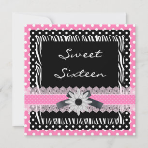Sweet 16 Sixteen Birthday Black White Pink Zebra Invitation