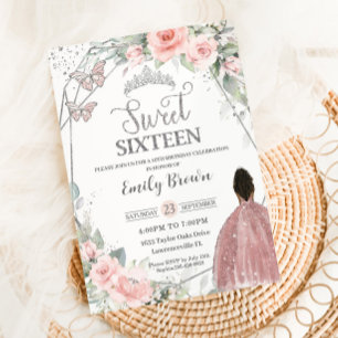 Sweet 16 Sixteen Birthday Blush Floral Brown Girl Invitation