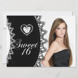 Sweet 16 Sixteen Birthday Party Black White Lace Invitation