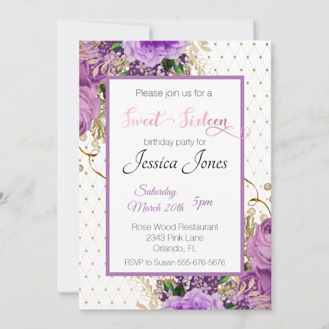 Sweet 16 Sixteen Birthday Party Floral Purple Pink Invitation (Front)