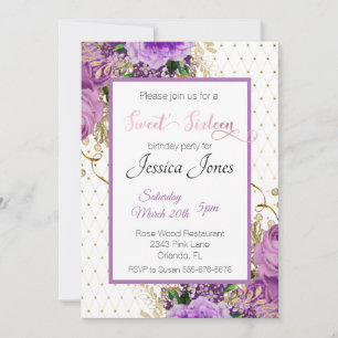 Sweet 16 Sixteen Birthday Party Floral Purple Pink Invitation