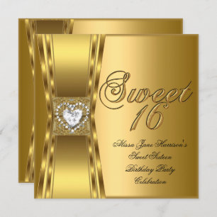Sweet 16 Sixteen Birthday Party Gold Heart Invitation