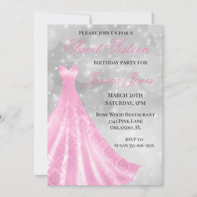 Sweet 16 Sixteen Birthday Party Pink Gown Dress Invitation (Front)